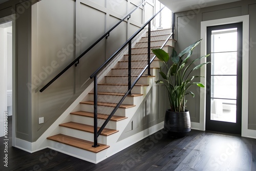 Staircase with wooden steps and black railing in a gray toned interior photo