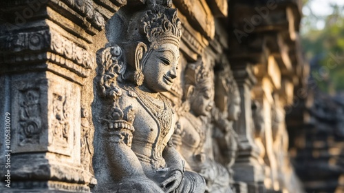 The intricate stone reliefs at Phimai Sanctuary, depicting scenes from Hindu mythology.