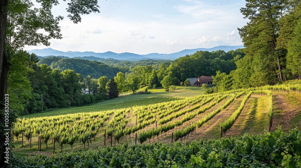 Naklejka premium The lush vineyards at GranMonte Vineyard and Winery, with scenic views of the surrounding mountains.