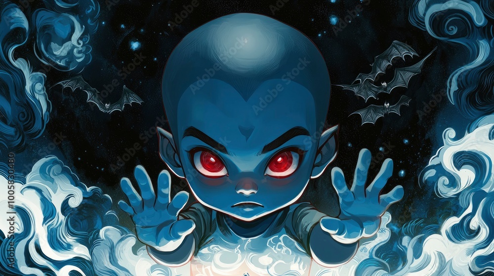 Fototapeta premium Young Boy with Red Eyes and Bats in a Dark Sky