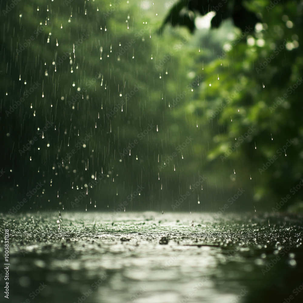 Rain falls gently, creating ripples on waters surface amidst lush greenery. serene atmosphere evokes sense of calm and tranquility, perfect for nature lovers Rain falls gently, creating ripples on waters surface amidst lush greenery. serene atmosphere evokes sense of calm and tranquility, perfect for nature lovers