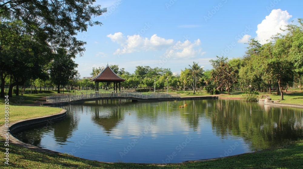 Obraz premium The peaceful and green surroundings of Thao Suranaree Memorial Park in the heart of Korat.