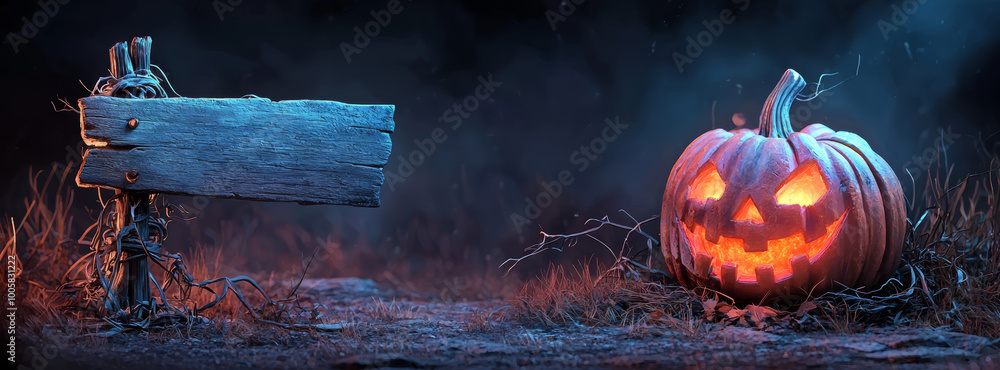 Naklejka premium A cheerful jack-o'-lantern with a glowing smile, sitting next to a rustic wooden sign wrapped in vines, creating a welcoming autumn scene.