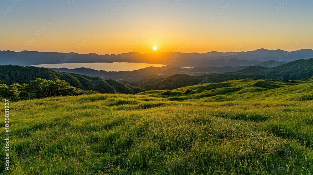 Fototapeta premium Rolling green hills of Kurumayama Plateau with a distant view of Lake Shirakaba reflecting the golden hues of the setting sun.