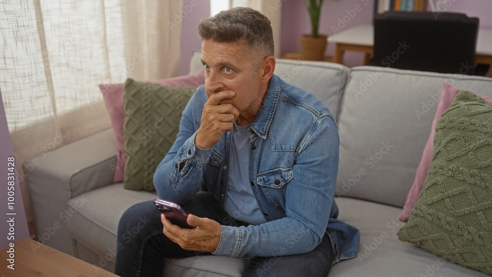 Man sitting in living room on sofa in home holding smartphone with thoughtful expression and hand on chin Man sitting in living room on sofa in home holding smartphone with thoughtful expression and hand on chin
