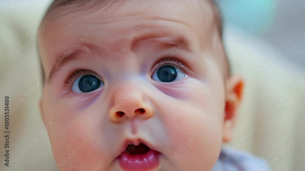 Adorable baby with wide blue eyes expressing curiosity and wonder Adorable baby with wide blue eyes expressing curiosity and wonder