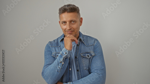 Handome middle-aged man posing confidently in denim shirt against a plain white wall background photo