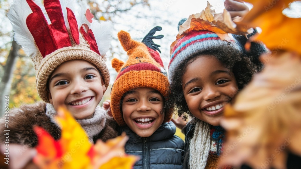Three Smiling Children Wearing Winter Hats in Autumn Leaves Three Smiling Children Wearing Winter Hats in Autumn Leaves