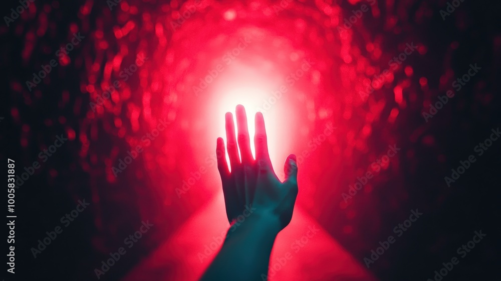 A hand reaching through a portal, entering a different reality A hand reaching through a portal, entering a different reality