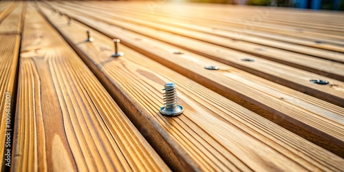 Close-up of a shiny screw on a wooden surface, a single point of focus amidst the textured lines of natural wood photo