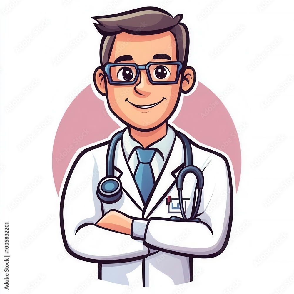 A friendly cartoon doctor with glasses stands confidently, ready to assist patients in need of care. A friendly cartoon doctor with glasses stands confidently, ready to assist patients in need of care.