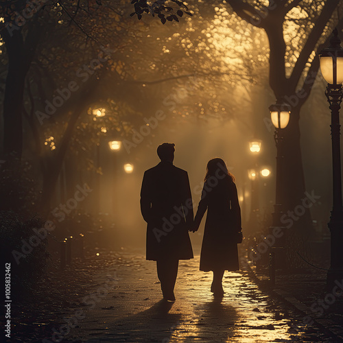 Silueta de una pareja caminando tomados de la mano, de noche por calle empedrada con farolas iluminadas, y neblina, parque con árboles, color sepia, juntos, con abrigos de espaldas, romántico, hombre,