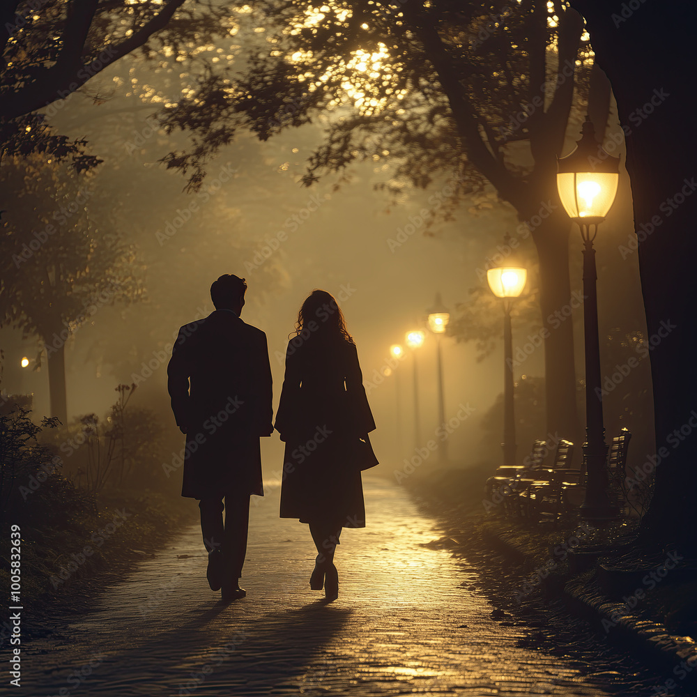 Silueta de una pareja caminando de noche por calle empedrada con farolas iluminadas, y neblina, parque con árboles, color sepia, uno al lado del otro, con abrigos de espaldas, tranquilidad, seguridad Silueta de una pareja caminando de noche por calle empedrada con farolas iluminadas, y neblina, parque con árboles, color sepia, uno al lado del otro, con abrigos de espaldas, tranquilidad, seguridad