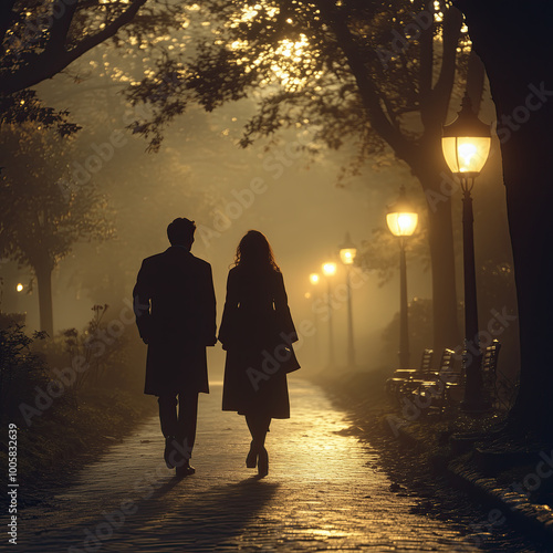 Silueta de una pareja caminando de noche por calle empedrada con farolas iluminadas, y neblina, parque con árboles, color sepia, uno al lado del otro, con abrigos de espaldas, tranquilidad, seguridad