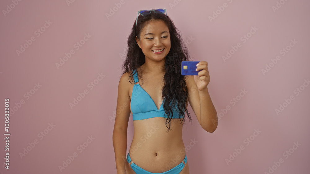 Naklejka premium Young, woman in a blue bikini holding a credit card standing against a pink background, smiling with sunglasses on her head.