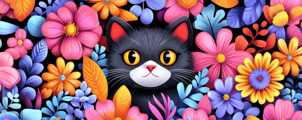 A folk-art inspired design featuring a stylized cat face, surrounded by intricate floral motifs in warm oranges, pinks, and blues. A folk-art inspired design featuring a stylized cat face, surrounded by intricate floral motifs in warm oranges, pinks, and blues.