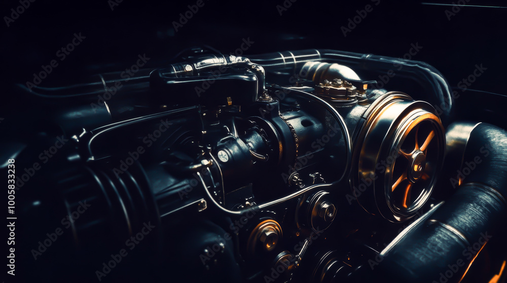 Fototapeta premium A close up of a car engine with a black background. The engine is shiny and metallic, giving off a futuristic vibe