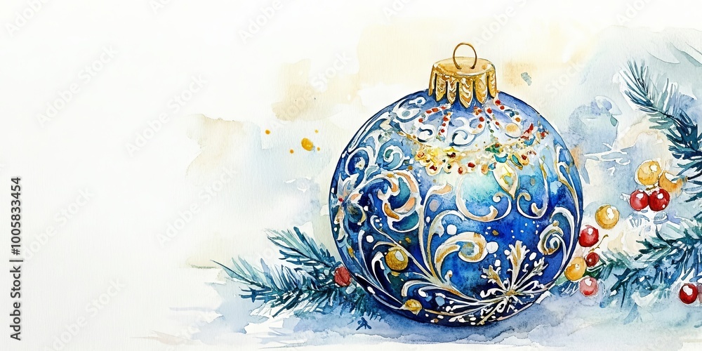 A blue ornament with gold trim sits on a white background. The ornament is surrounded by pine needles, which give the scene a festive and cozy feel A blue ornament with gold trim sits on a white background. The ornament is surrounded by pine needles, which give the scene a festive and cozy feel