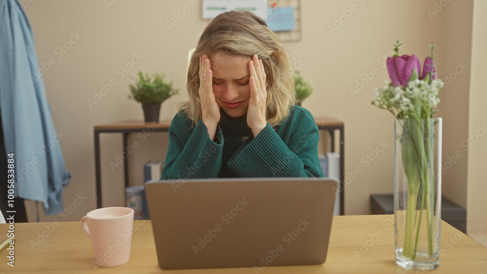 Stressed young woman with laptop in a home setting showing headache, worry, and frustration.
