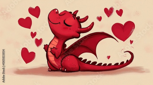 Adorable Red Dragon Blowing Hearts