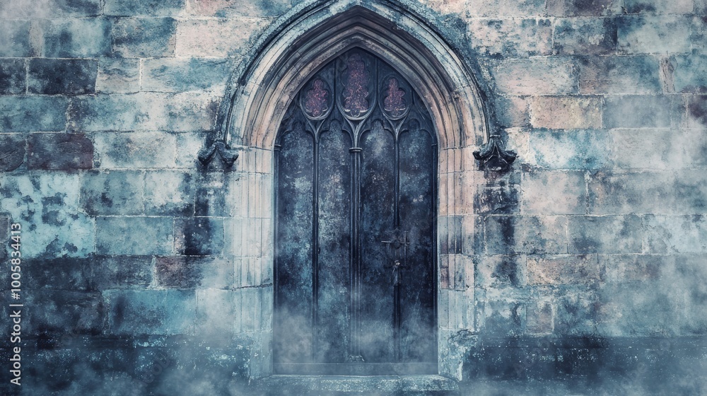 Ancient Church Doorway with Fog. Ancient Church Doorway with Fog.