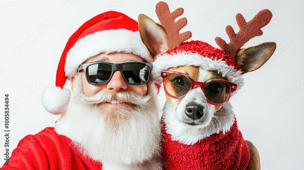 Santa and his helper in sunglasses striking a pose with a Jack Russell Terrier in a reindeer costume. The white background adds space for holiday greetings or text. Santa and his helper in sunglasses striking a pose with a Jack Russell Terrier in a reindeer costume. The white background adds space for holiday greetings or text.