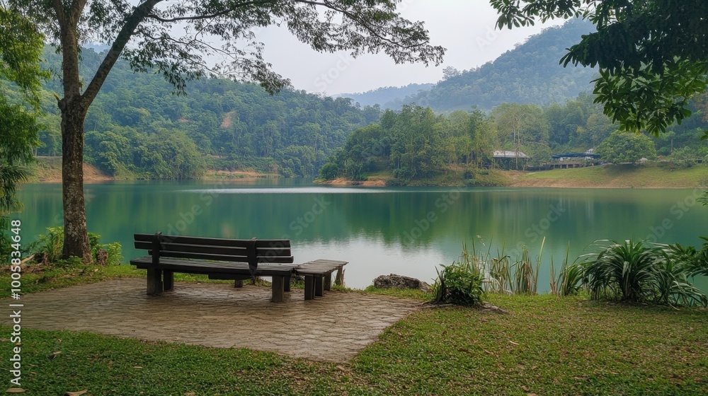 Obraz premium The serene lake and green surroundings at Lam Takhong Dam, a peaceful retreat.