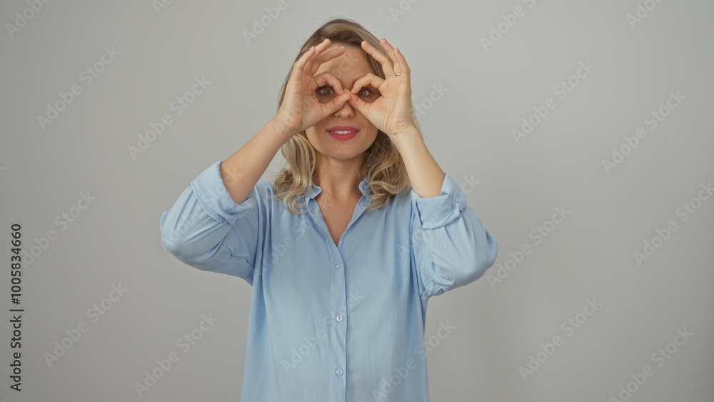 Playful blonde woman making glasses shape with hands against a white background, portraying curiosity and fun. Playful blonde woman making glasses shape with hands against a white background, portraying curiosity and fun.