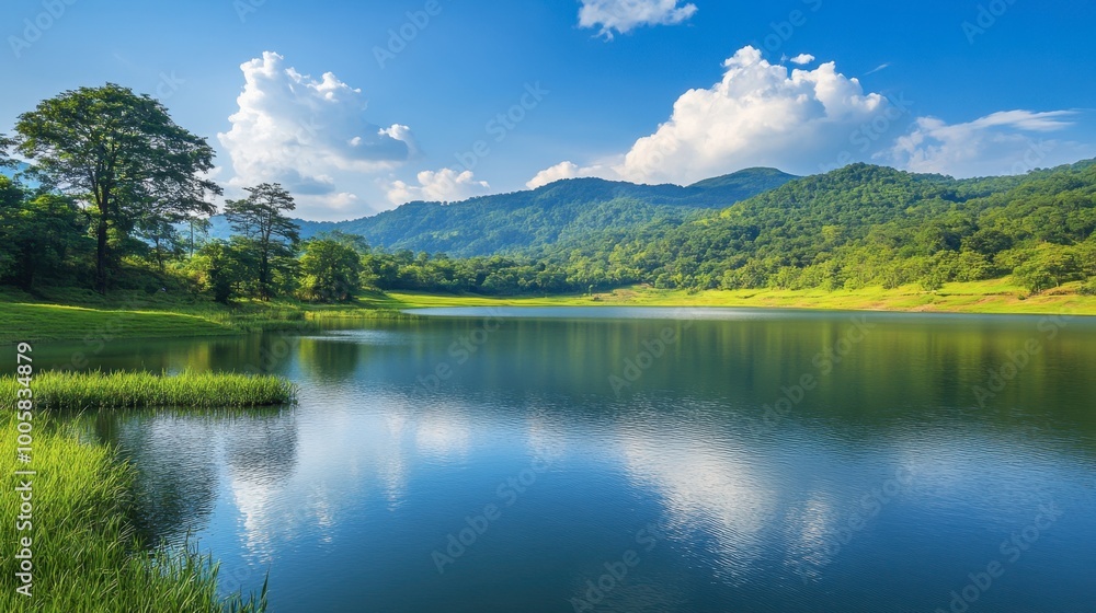 The serene lake and green surroundings at Lam Takhong Dam, a peaceful retreat. The serene lake and green surroundings at Lam Takhong Dam, a peaceful retreat.