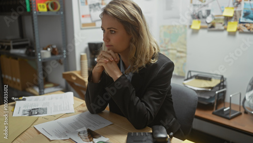 Принти на полотні A contemplative blonde woman in a suit sits at a cluttered detective's desk in a police station, surrounded by case evidence and paperwork