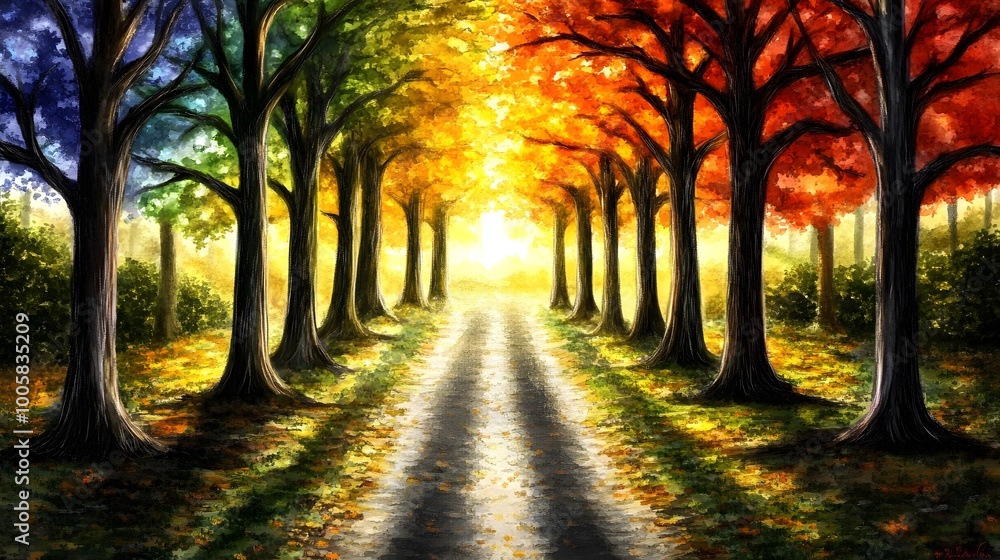 Naklejka premium Autumn Forest Path Colorful Trees Sunbeams Watercolor Woodland