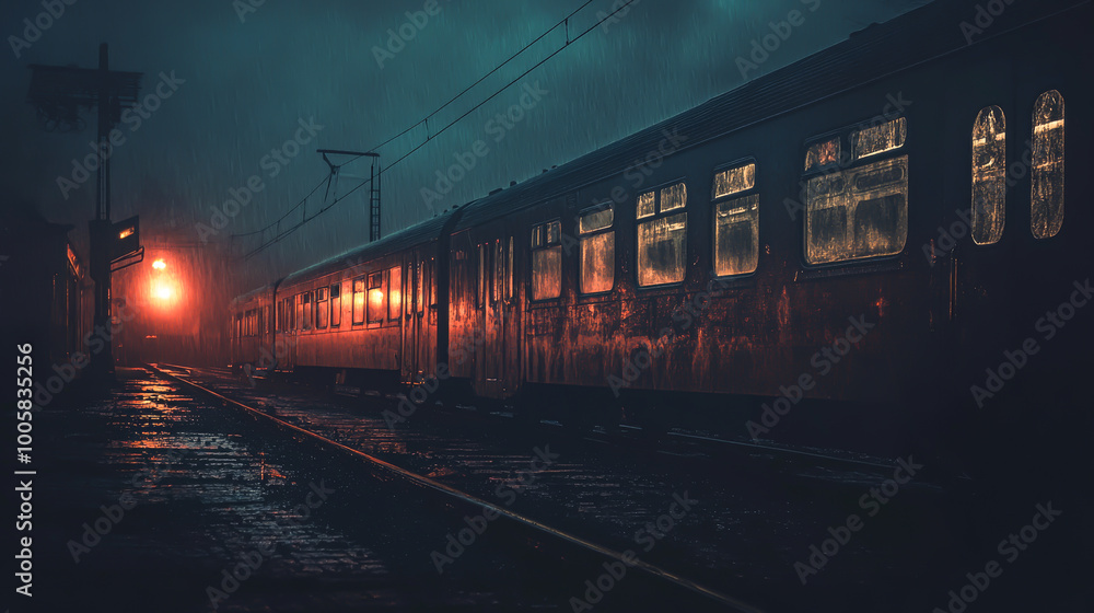 Obraz premium A train is parked on a wet train track at night. The train is surrounded by a dark, rainy atmosphere
