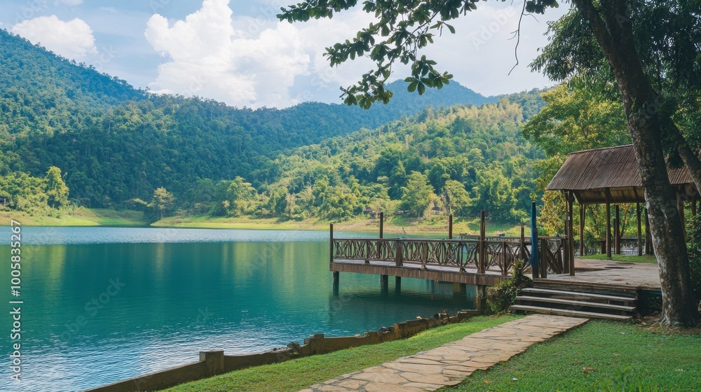 Fototapeta premium The serene lake and green surroundings at Lam Takhong Dam, a peaceful retreat.