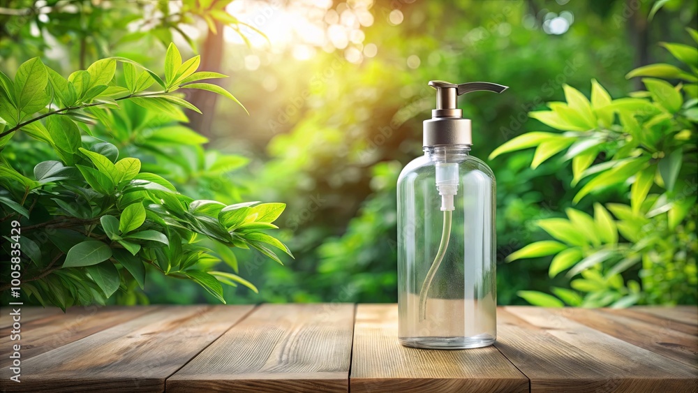 Clean and Refreshing Bottle on Wooden Table with Lush Green Foliage in the Background Clean and Refreshing Bottle on Wooden Table with Lush Green Foliage in the Background