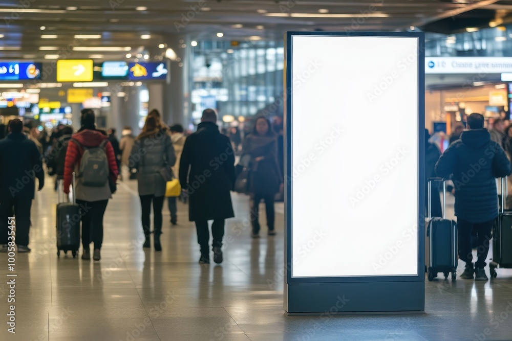 Fototapeta premium Blank advertising panel in a busy airport terminal