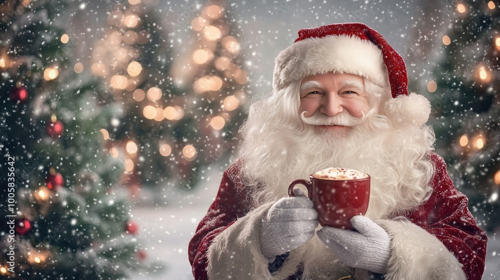 Santa enjoying a hot mug of cocoa in the snow, surrounded by Christmas trees and twinkling holiday lights. His jolly expression captures the spirit of the season. Santa enjoying a hot mug of cocoa in the snow, surrounded by Christmas trees and twinkling holiday lights. His jolly expression captures the spirit of the season.