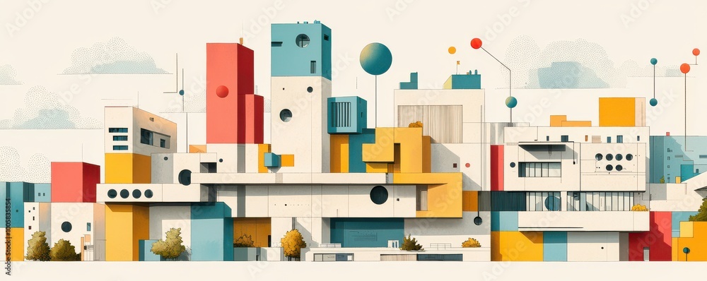 Colorful modern architecture illustration with geometric shapes and abstract design elements featuring a vibrant cityscape Colorful modern architecture illustration with geometric shapes and abstract design elements featuring a vibrant cityscape