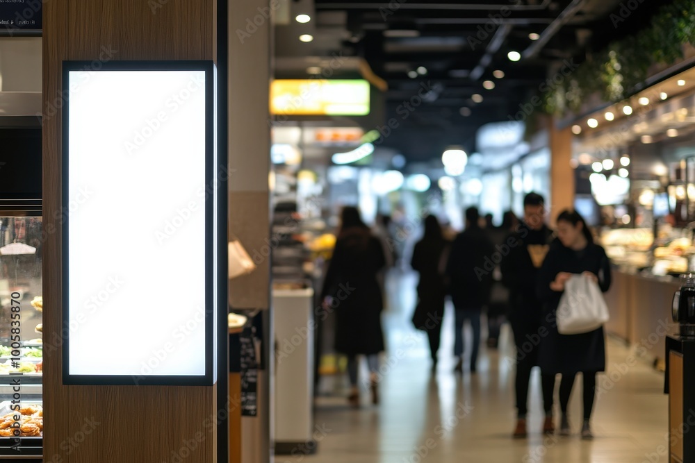 Blank vertical lightbox in a modern food court Blank vertical lightbox in a modern food court