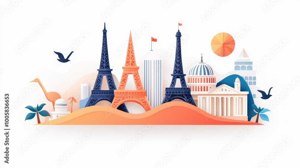 Obraz premium A travel-inspired cityscape with famous global landmarks standing side by side, representing the spirit of exploration and adventure.