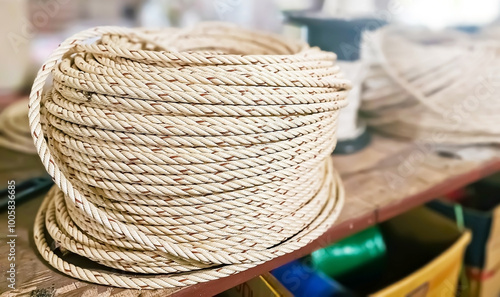 Rolls of polyethylene rope stacked in a hardware store, Giant fiber rope, Nylon rope strong and thickness bundling, Bundling rope.
 photo