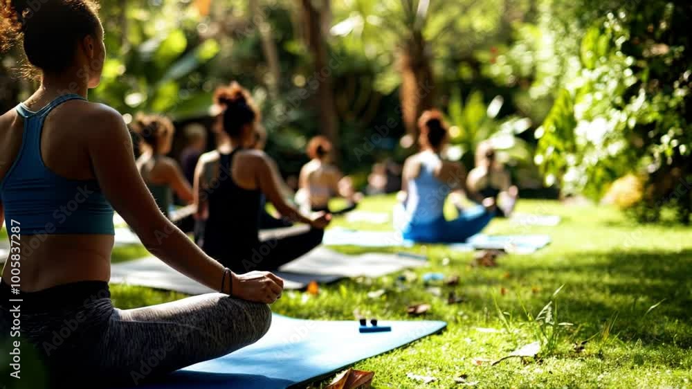 Serene Outdoor Yoga Practice in a Lush Garden with Soft Sunlight and Participants in Meditation Poses Serene Outdoor Yoga Practice in a Lush Garden with Soft Sunlight and Participants in Meditation Poses