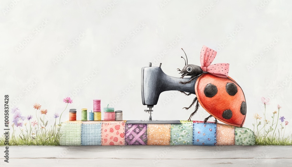 Fototapeta premium A whimsical ladybug with a charming bow and quilted wings, expertly sewing a patchwork quilt on a small sewing machine.