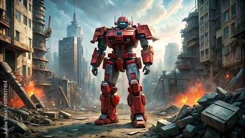  A red mechwarrior stands in a destroyed city photo