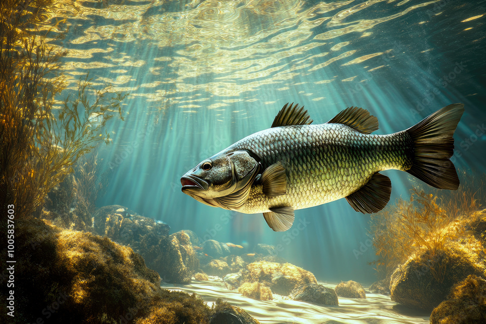 Close-up of a freshwater fish swimming underwater. Fresh water ecosystem with sunlight. Close-up of a freshwater fish swimming underwater. Fresh water ecosystem with sunlight.