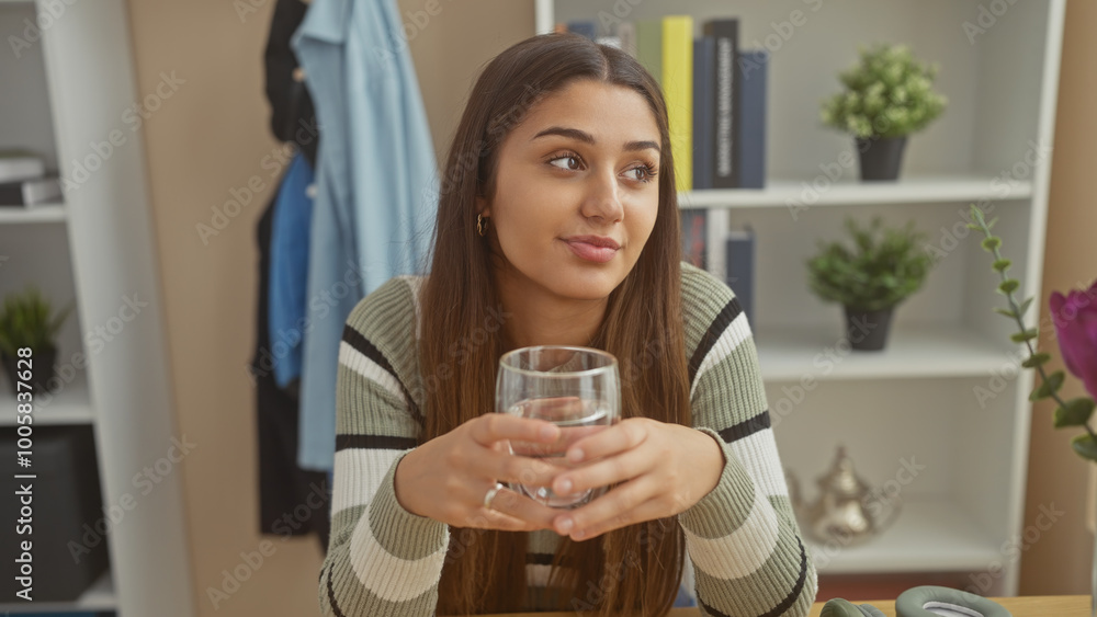 A thoughtful young hispanic woman holds a glass of water in her cozy home interior.