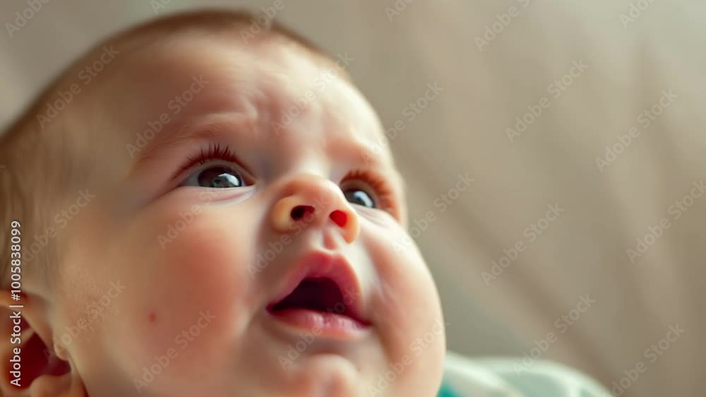 Adorable baby with bright eyes gazing upward in wonder Adorable baby with bright eyes gazing upward in wonder