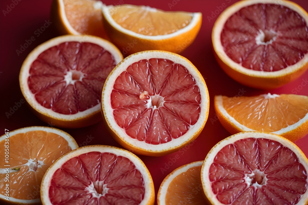 Citrus slices contrast red background, showcasing vibrant red inner segments Citrus slices contrast red background, showcasing vibrant red inner segments