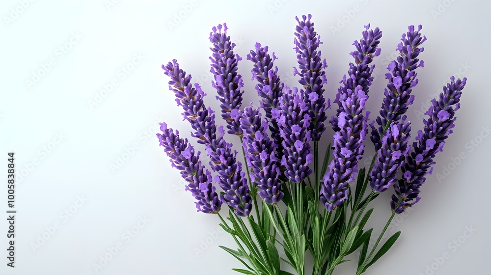 Obraz premium Closeup of a beautiful bouquet of fresh lavender flowers in full bloom with vibrant purple hues against a clean,bright white background. The lavender is an aromatic,calming.