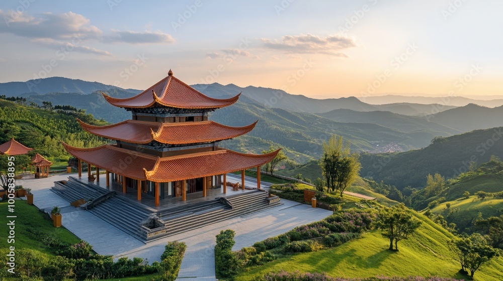The tranquil setting of the Sikhio Buddha Footprint Temple, surrounded by rolling hills. The tranquil setting of the Sikhio Buddha Footprint Temple, surrounded by rolling hills.