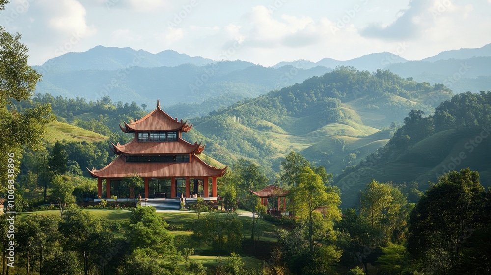 The tranquil setting of the Sikhio Buddha Footprint Temple, surrounded by rolling hills The tranquil setting of the Sikhio Buddha Footprint Temple, surrounded by rolling hills